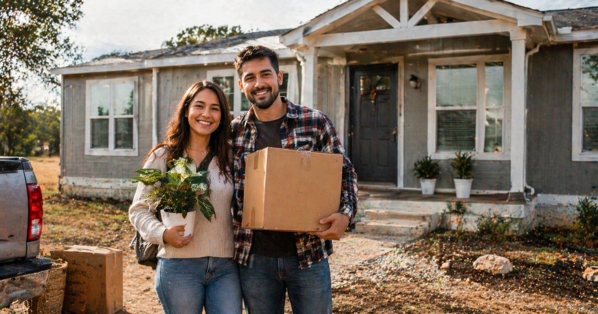 First-time homebuyers moving into their new manufactured home in Texas