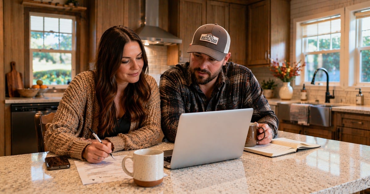 Texas couple reviewing manufactured home financing options at their kitchen island