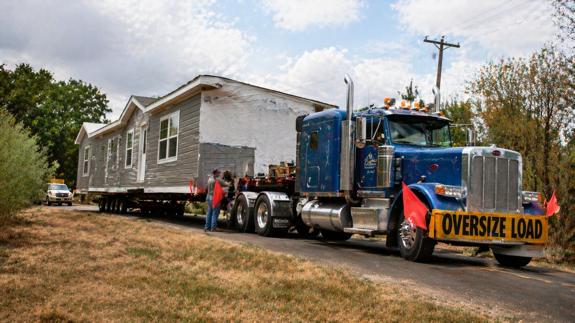 Truck transporting a new manufactured home section on a Texas road