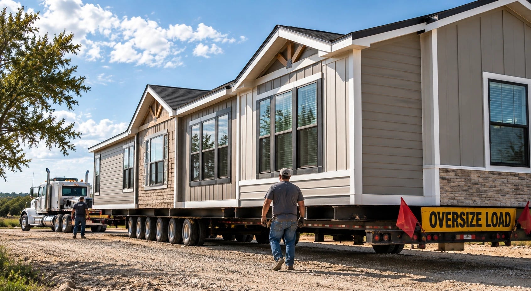 New double-wide manufactured home on an oversize-load trailer arriving at a Texas home site, delivery crew alongside