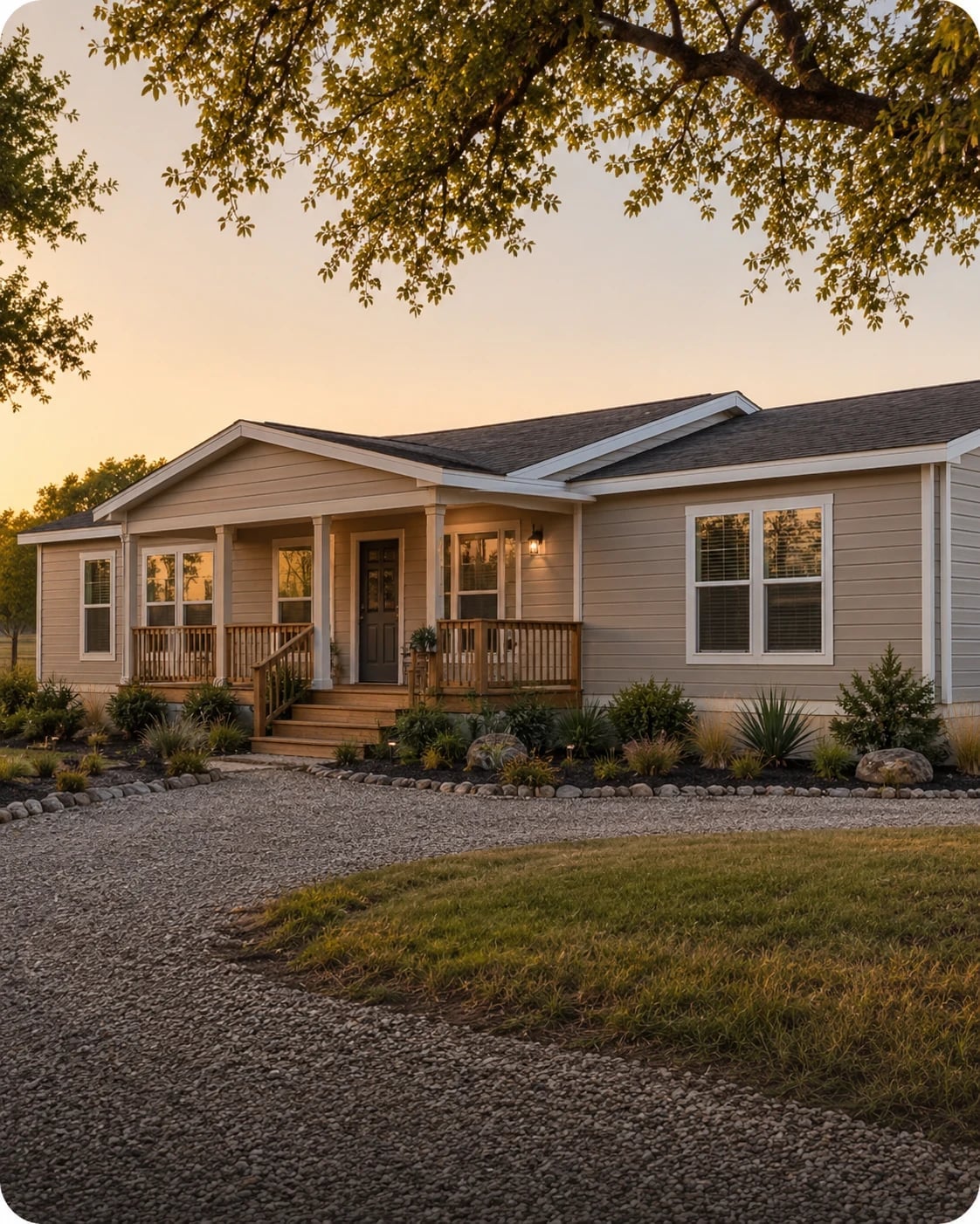 Double-wide manufactured home with covered center porch and gravel drive at sunset