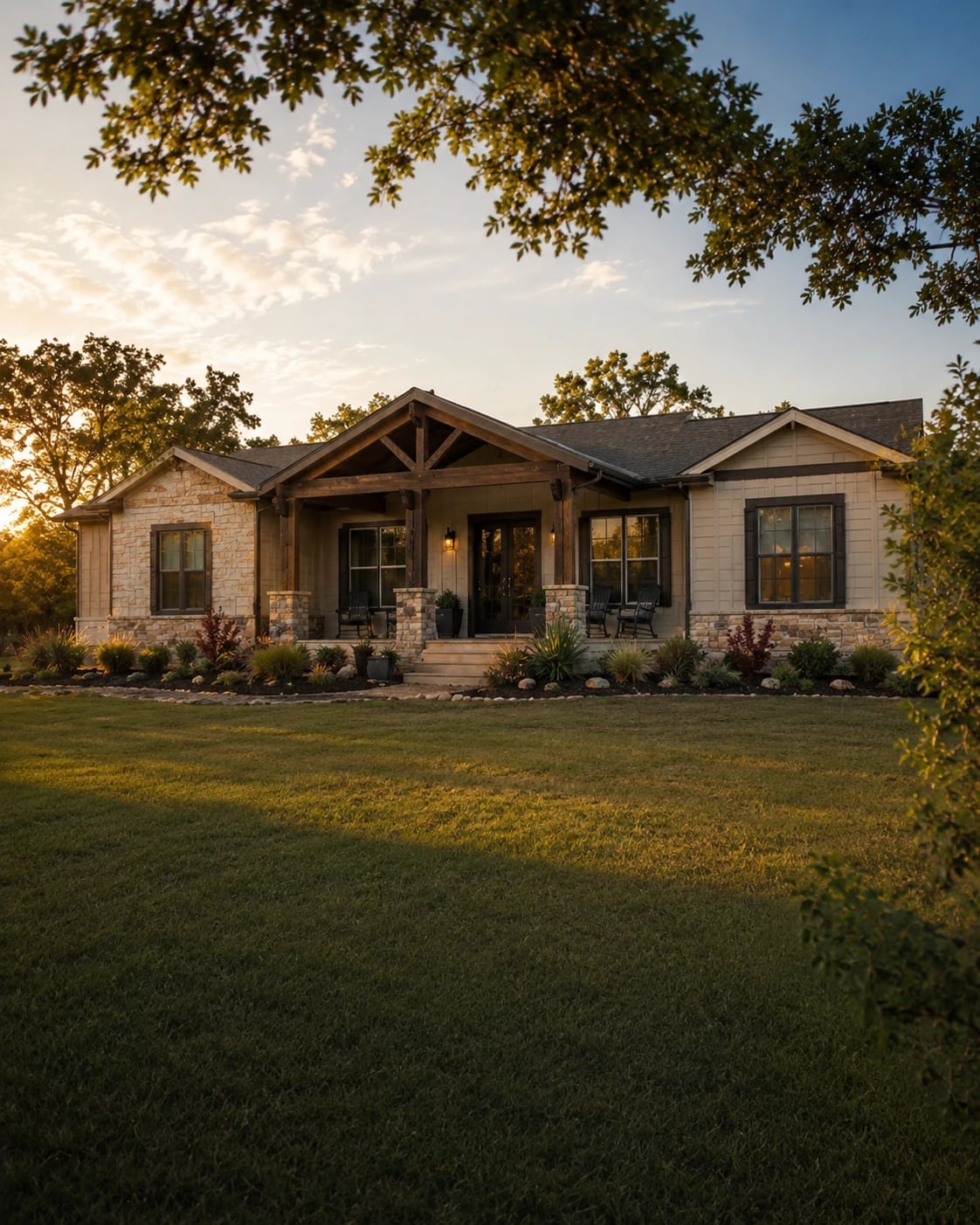 Modular home with stone facade and timber-frame porch on a permanent foundation