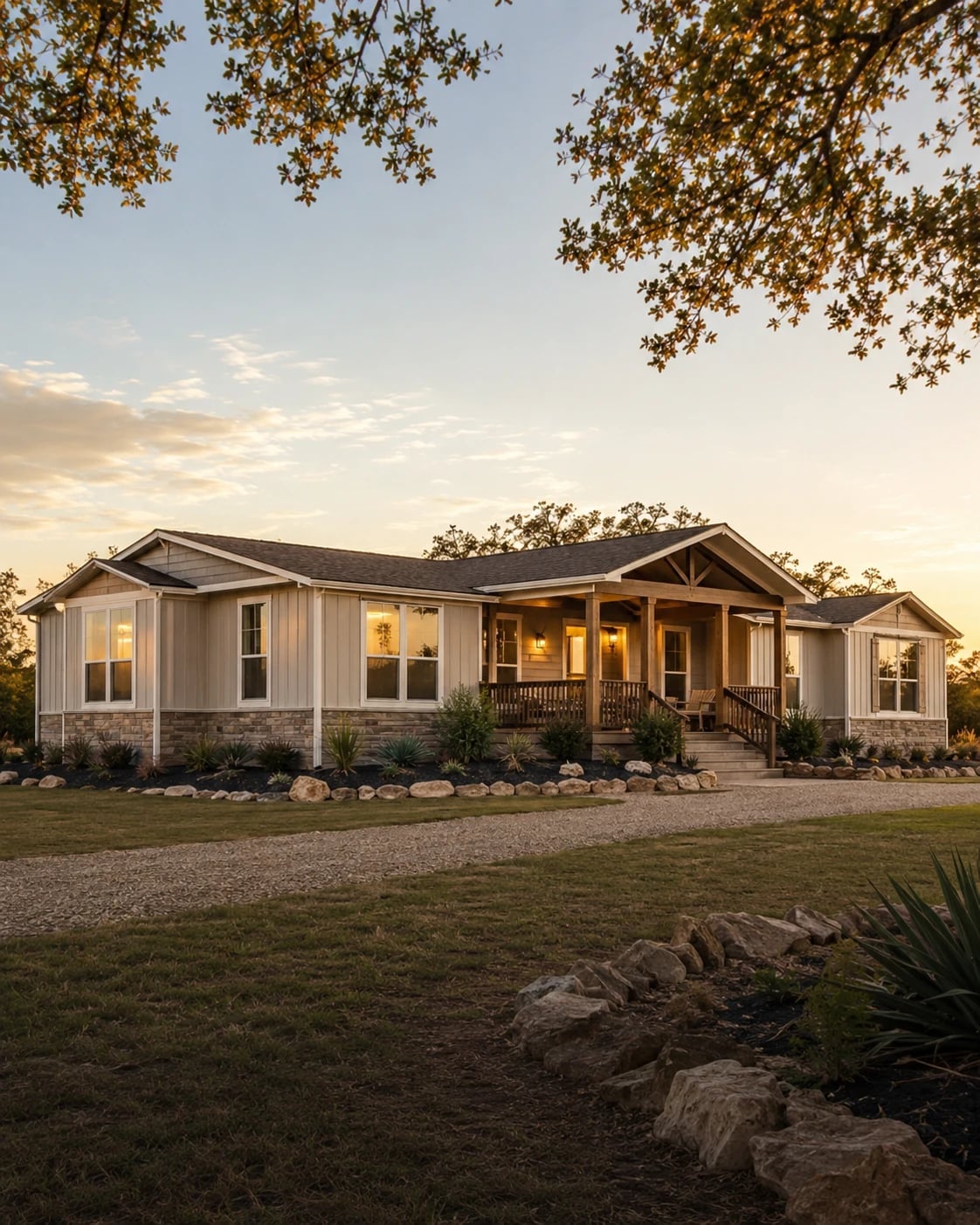 Large multi-section manufactured home with gable porch and wings at sunset in Texas