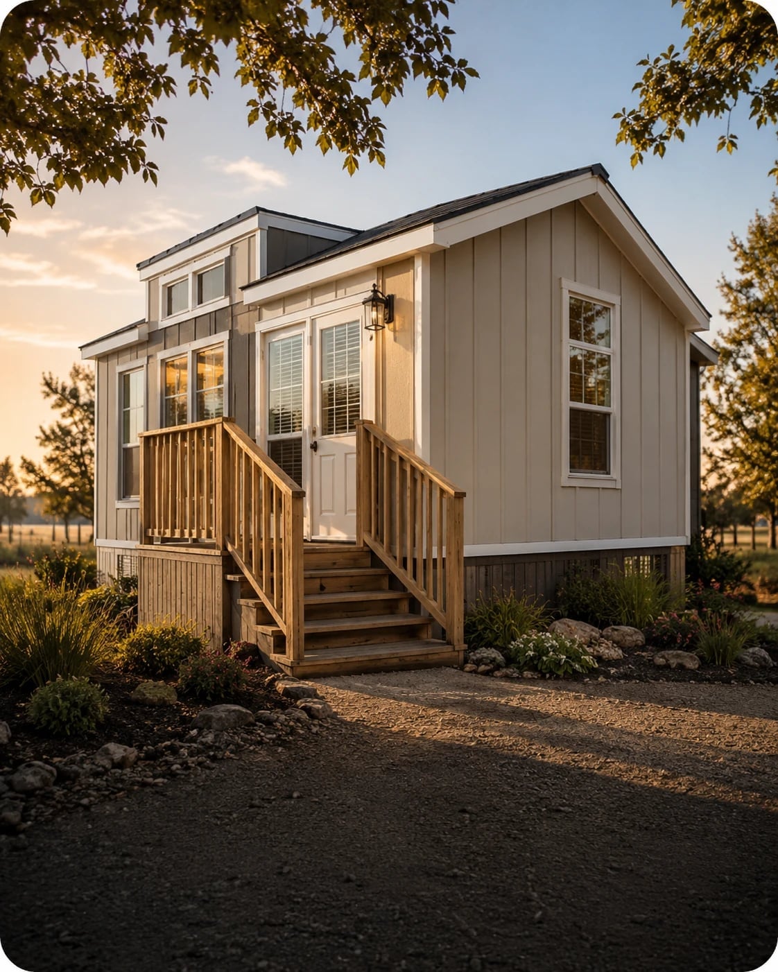 Park model tiny home with loft dormer and wooden porch steps at sunset in Texas