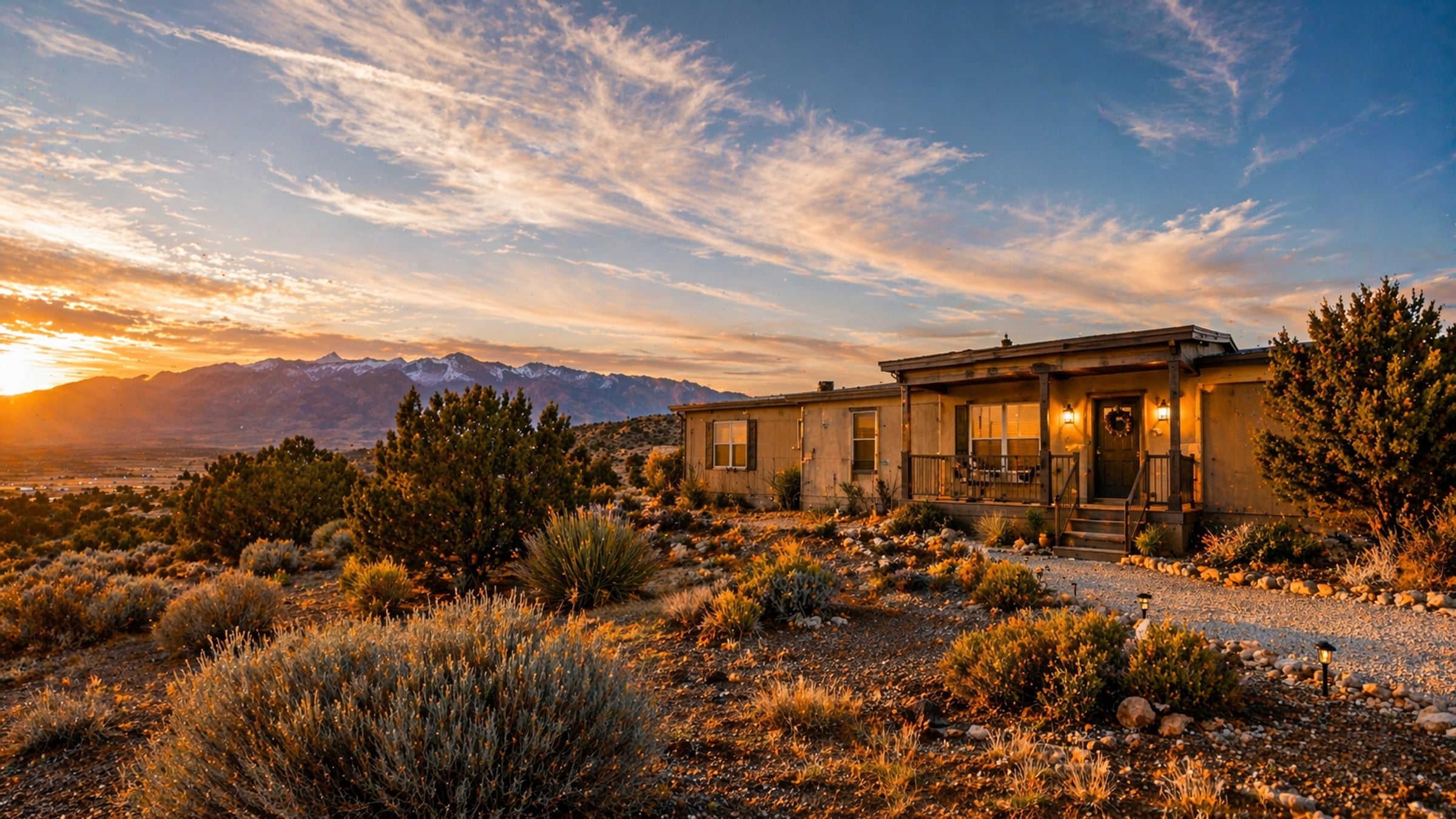 Manufactured home on a New Mexico high-desert property with mountain views