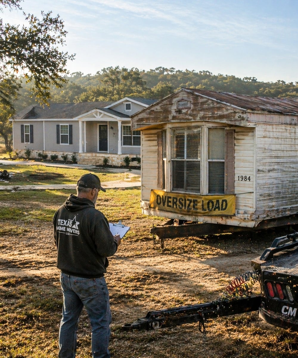 Older manufactured home being prepared for trade-in beside a new replacement home
