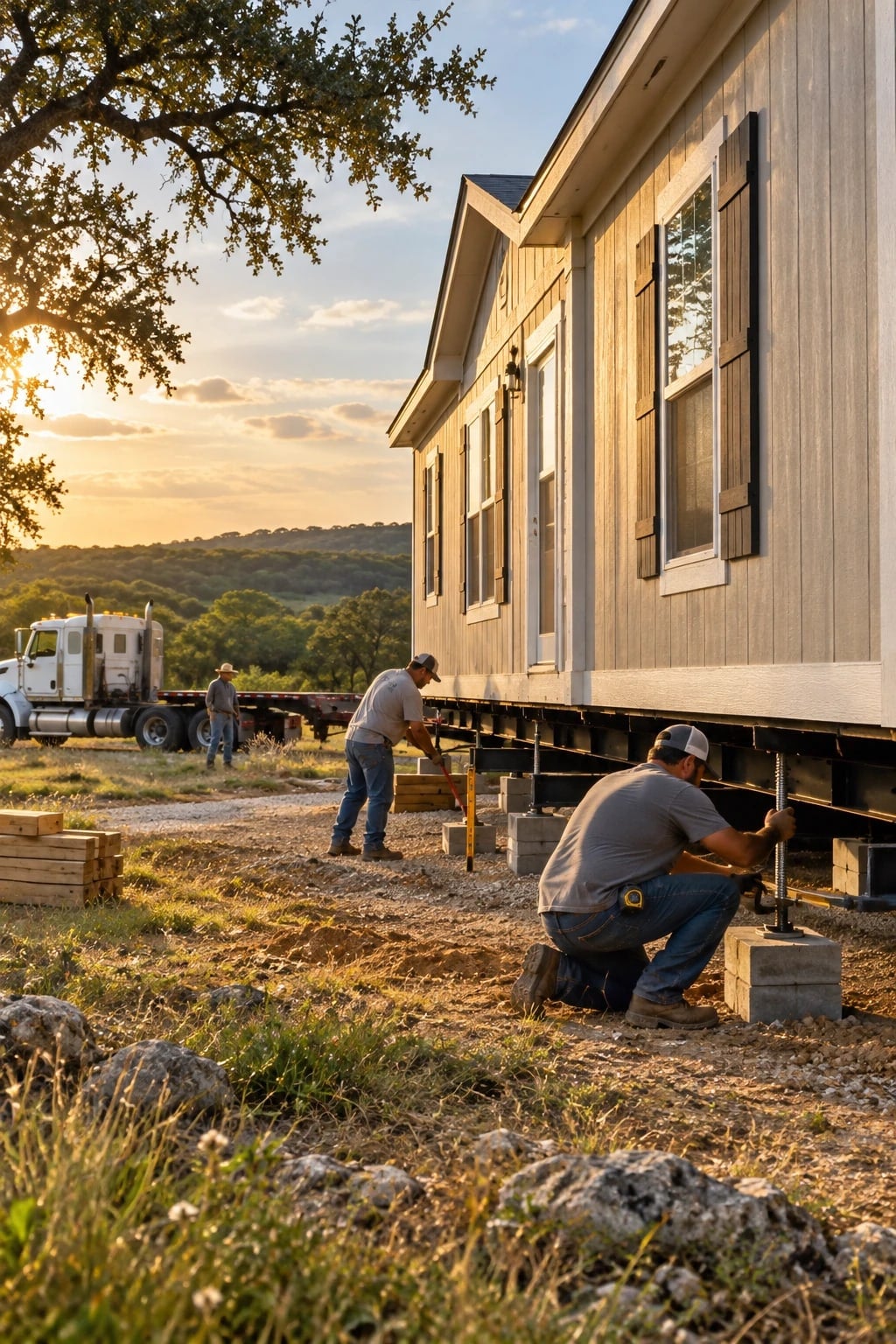 Setup crew leveling a new manufactured home on concrete piers at sunset on a Texas Hill Country lot, delivery truck behind